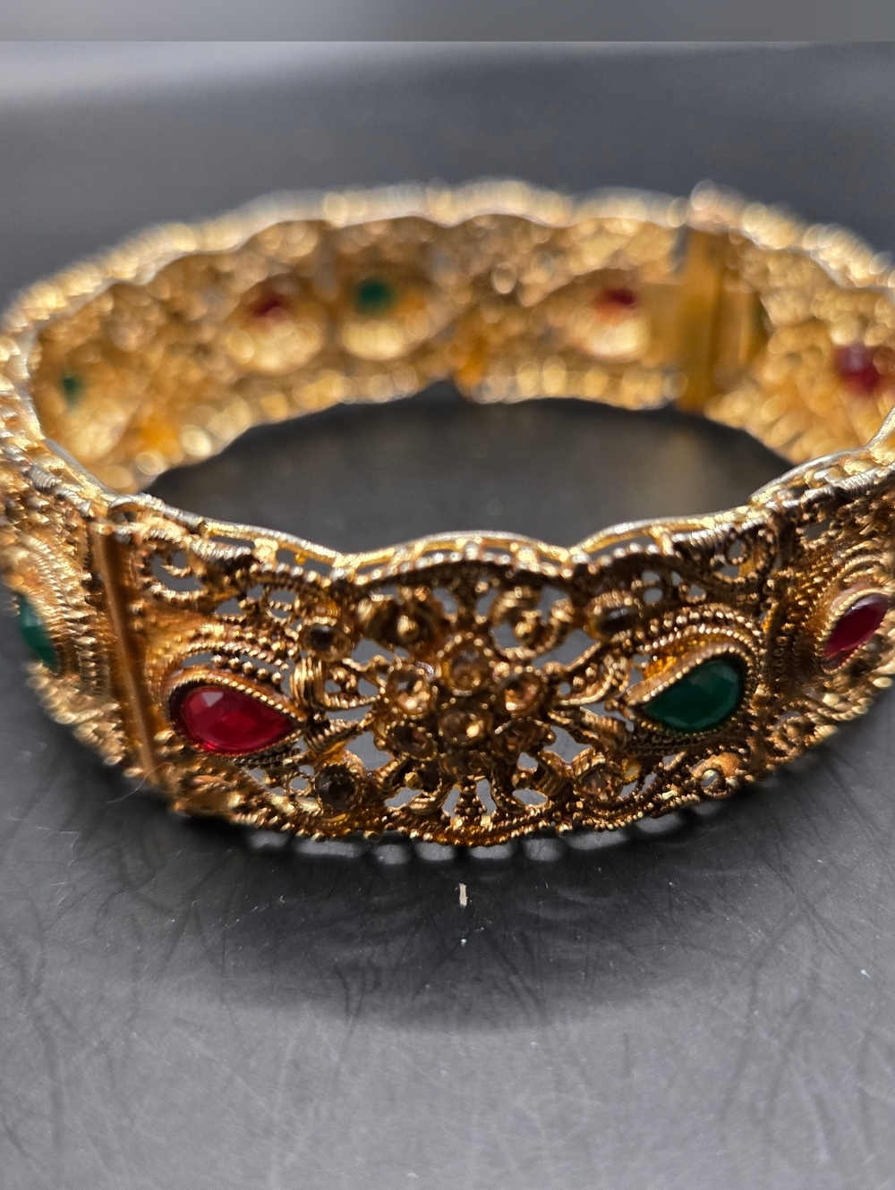Gold Filigree Gemstone Bracelet Red Green Vintage Style Ornate